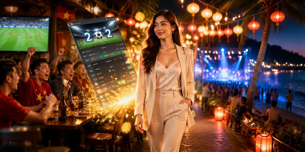Người dùng tại chợ đêm Phú Quốc truy cập tài khoản giải trí trên điện thoại
